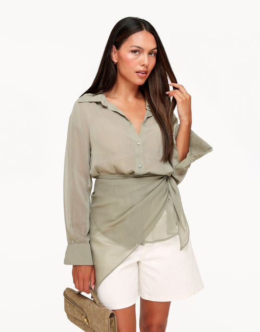 Khaki Doorschijnende Wikkel - Blouse - Olivia & Kate
