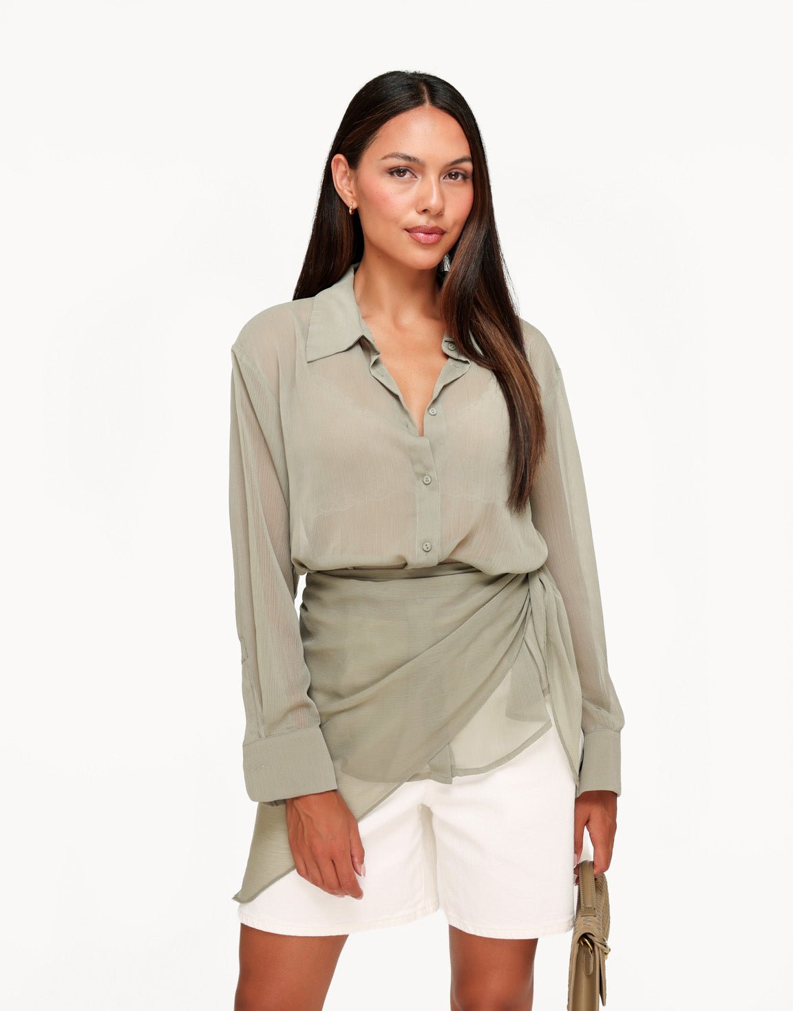 Khaki Doorschijnende Wikkel - Blouse - Olivia & Kate