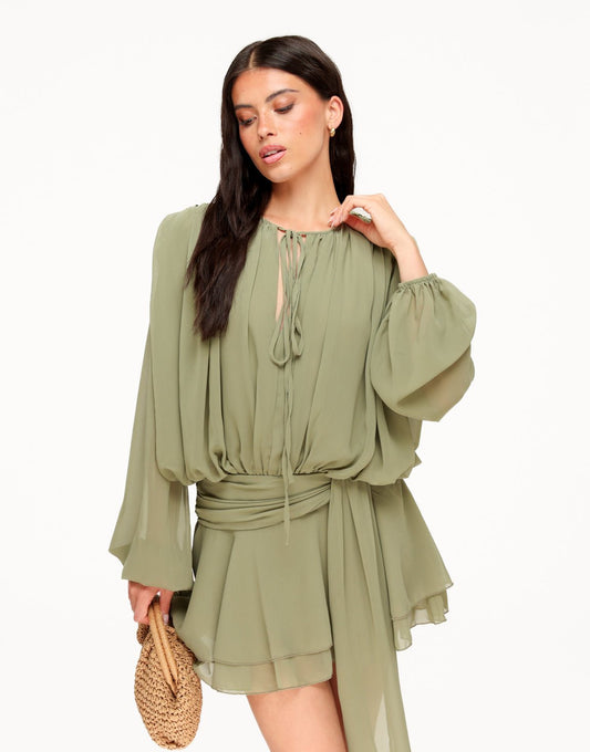 Khaki Gedrapeerde LS - Jurk - Olivia & Kate