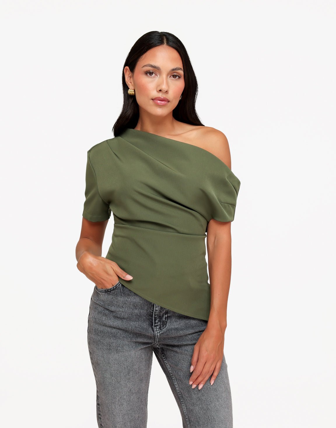 Khaki Gedrapeerde Off Shoulder SS - Top - Olivia & Kate