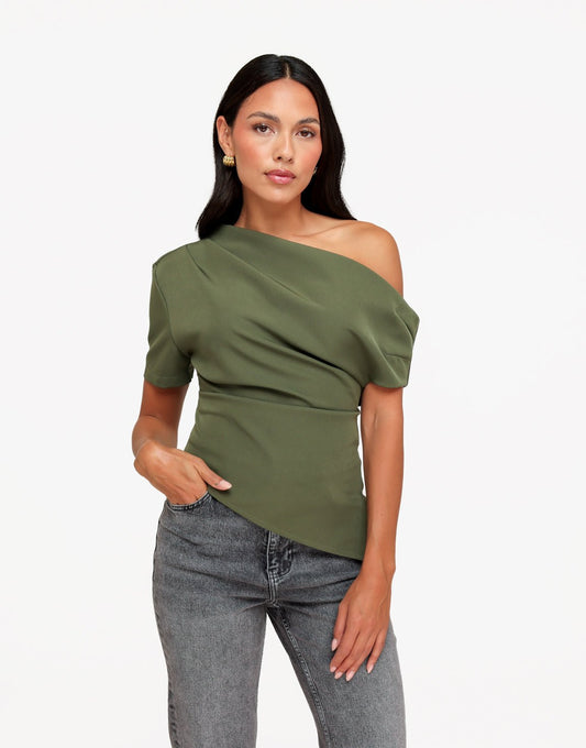 Khaki Gedrapeerde Off Shoulder SS - Top - Olivia & Kate