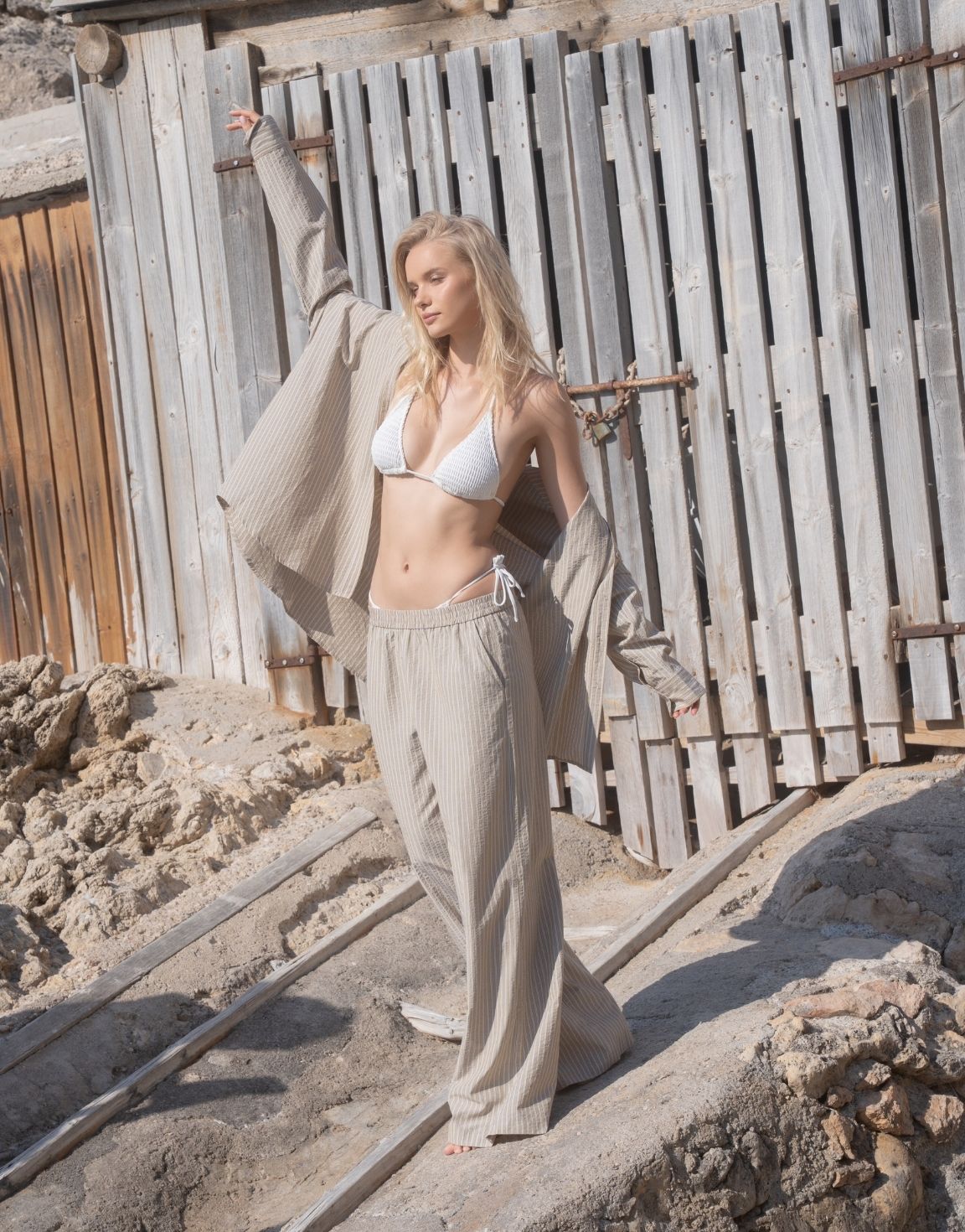 Khaki Gestreepte Lange - Broek - Olivia & Kate
