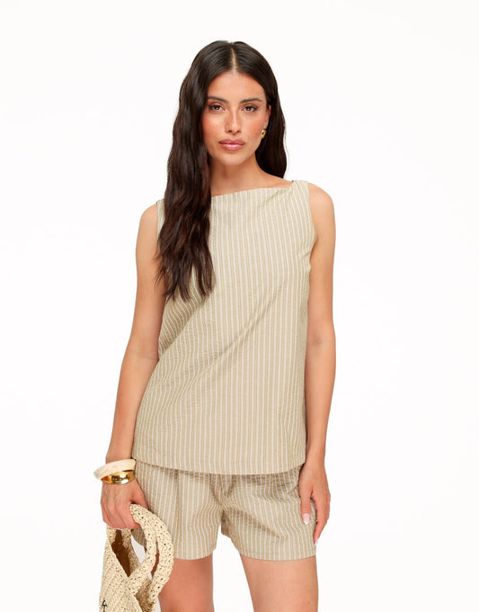 Khaki Gestreepte Mouwloze - Top - Olivia & Kate