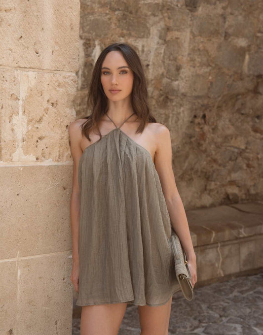 Khaki Halter Flowy - Jurk - Olivia & Kate