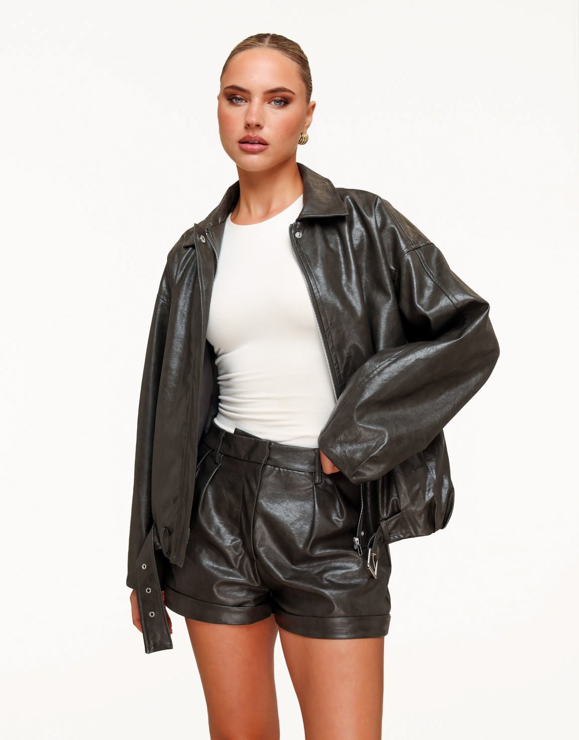 Khaki PU Leren Biker - Short - Olivia & Kate