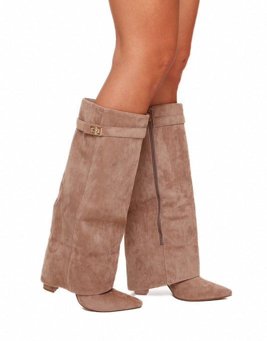 Khaki Suede Hoge Overlap Hak - Laarzen - Olivia & Kate