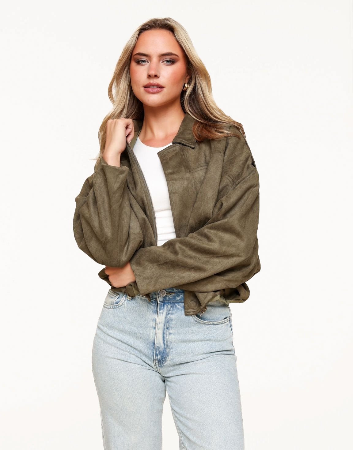 Khaki Suede Wijde Bomber - Jas - Olivia & Kate