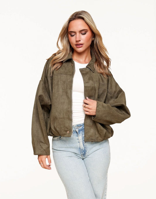 Khaki Suede Wijde Bomber - Jas - Olivia & Kate