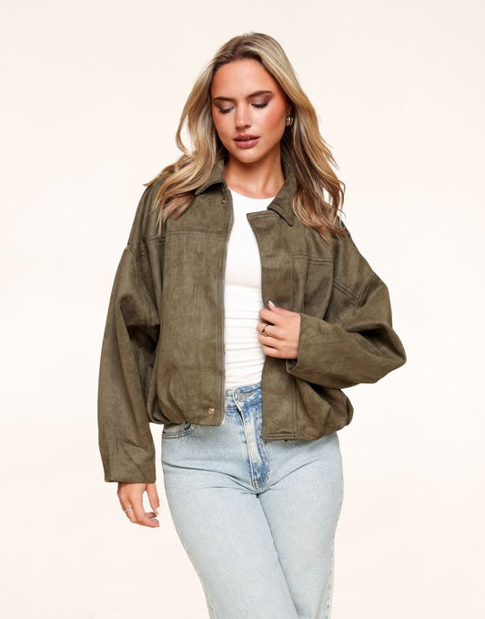 Khaki Suede Wijde Bomber - Jas - Olivia & Kate