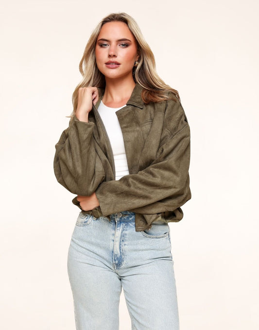 Khaki Suede Wijde Bomber - Jas - Olivia & Kate