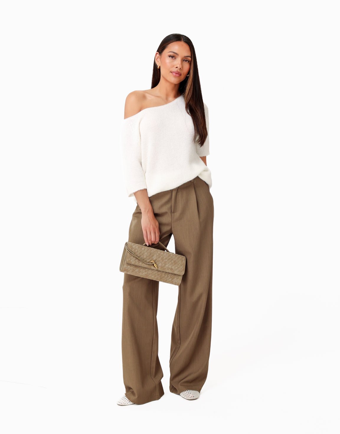 Khaki Wijde Pantalon + Ecru Off Shoulder SS Trui - Set - Olivia & Kate