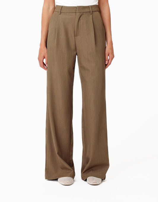 Khaki Wijde Pantalon + Ecru Off Shoulder SS Trui - Set - Olivia & Kate