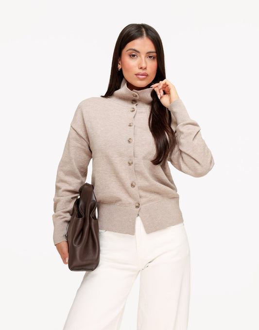 Licht Taupe Gebreide Hoge Kraag Knoop - Vest - Olivia & Kate
