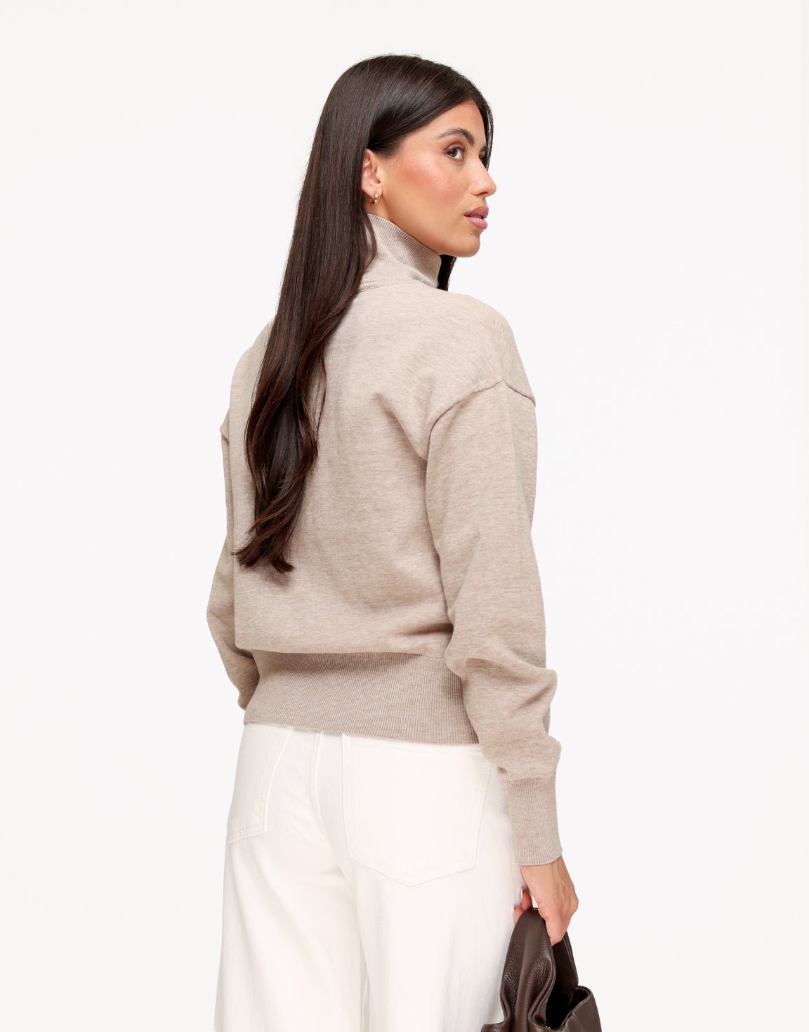 Licht Taupe Gebreide Hoge Kraag Knoop - Vest - Olivia & Kate