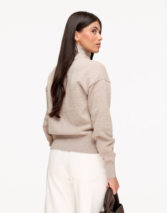 Licht Taupe Gebreide Hoge Kraag Knoop - Vest - Olivia & Kate