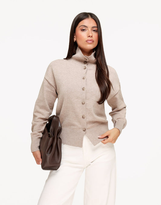 Licht Taupe Gebreide Hoge Kraag Knoop - Vest - Olivia & Kate
