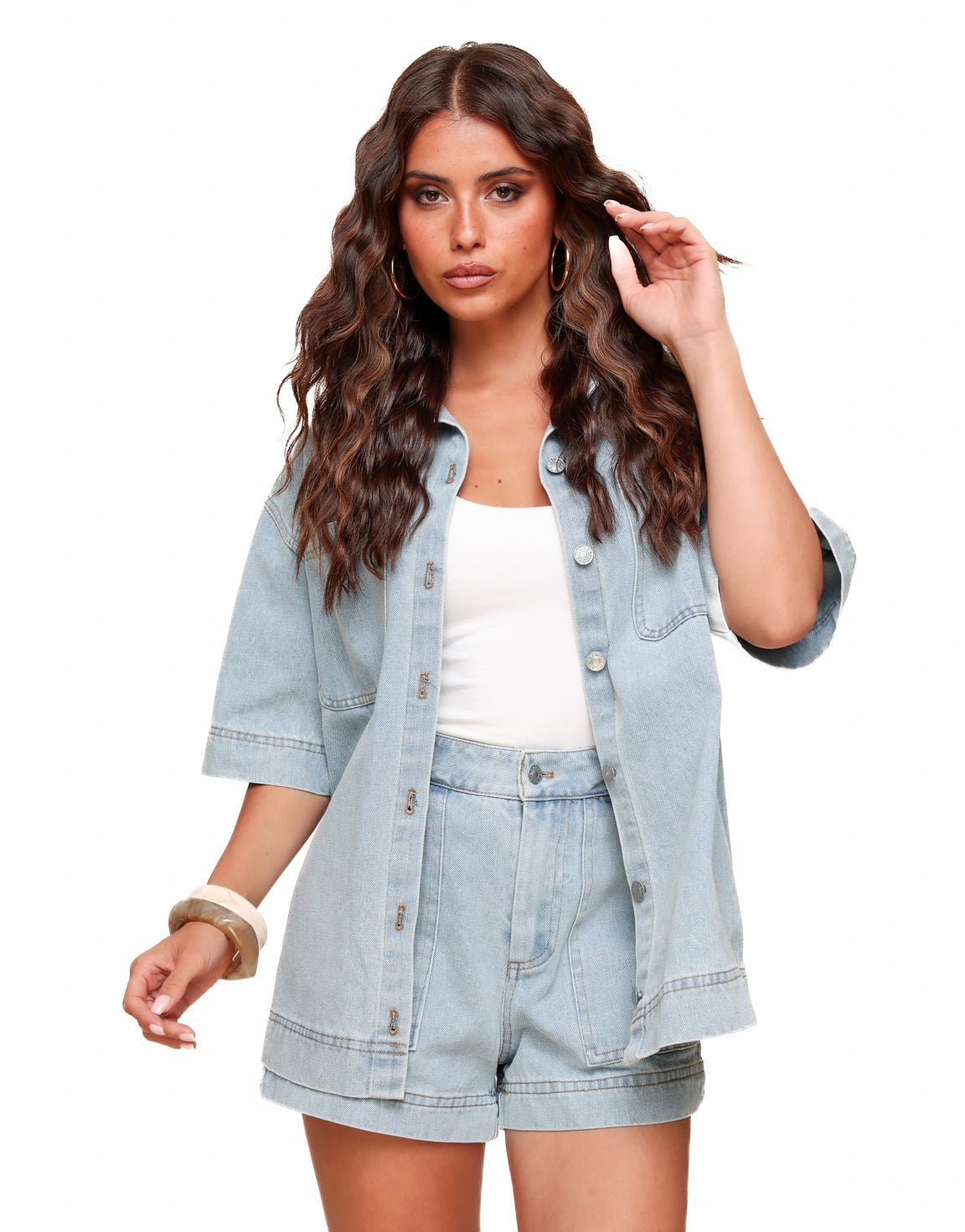 Lichtblauwe Denim SS - Blouse - Olivia & Kate