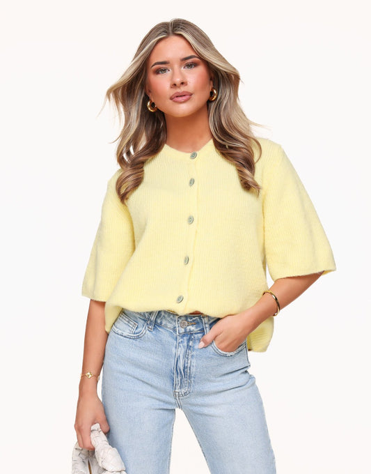 Light Yellow Knitted 3/4 Sleeves - Cardigan - Olivia & Kate