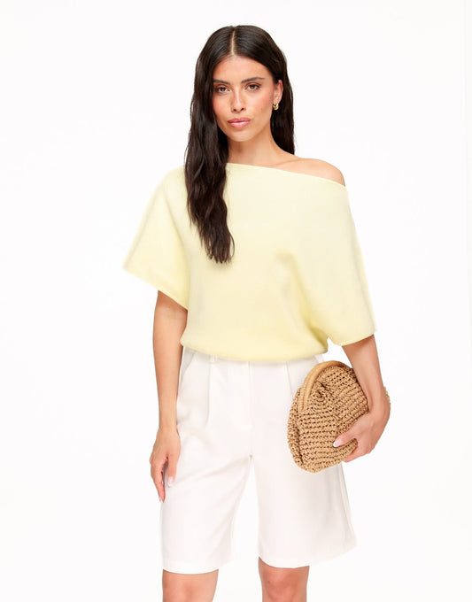 Lichtgele Gebreide Off Shoulder - Trui - Olivia & Kate