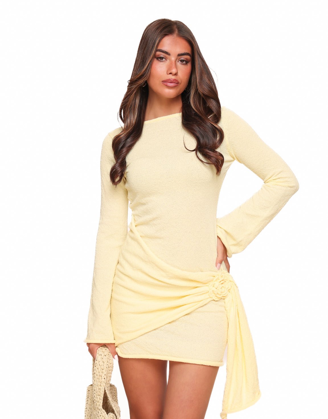 Lichtgele Hoge Hals Gedrapeerde Detail - Jurk - Olivia & Kate