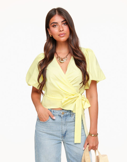 Lichtgele Korte Pofmouwen Wikkel - Top (niet online) - Olivia & Kate