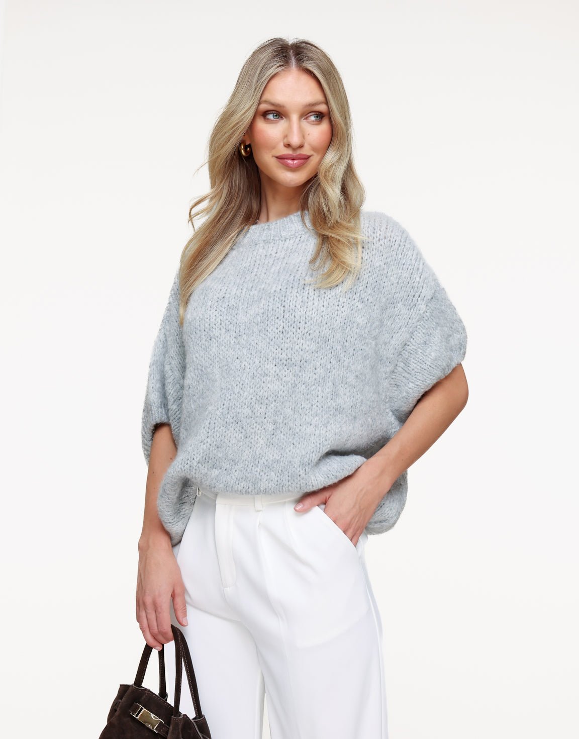 Light Gray Knitted Woolen 3/4 Sleeve - Sweater - Olivia & Kate