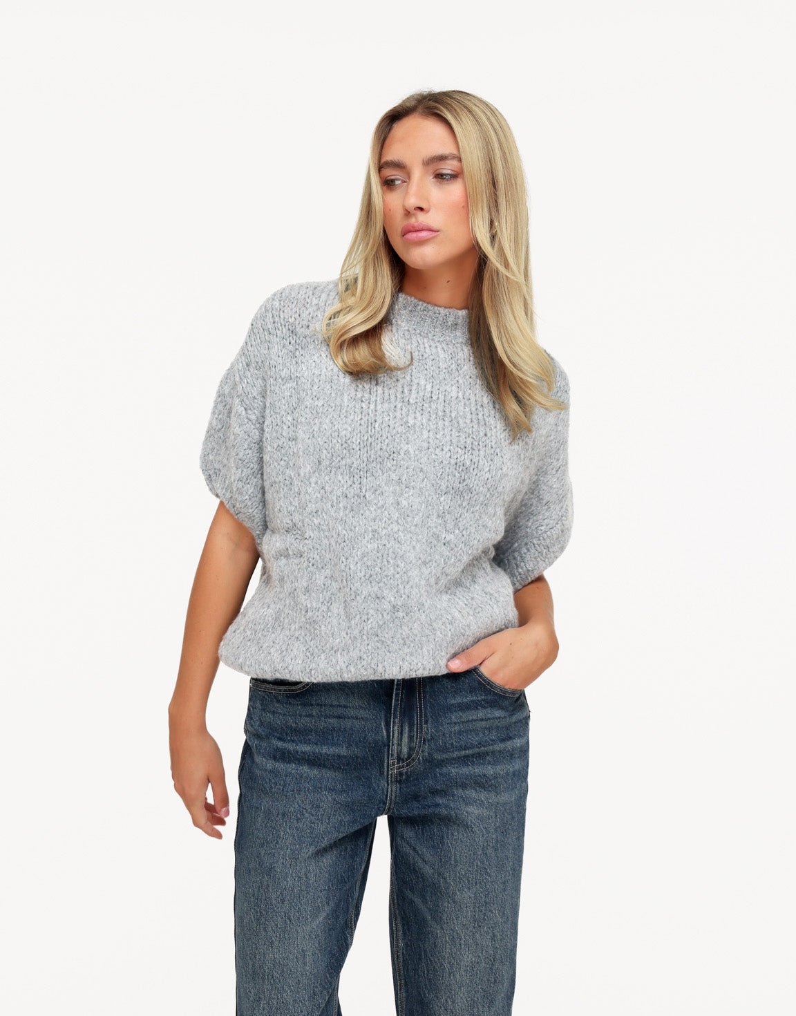 Lichtgrijze Gebreide Wollen 3/4 Mouw - Trui - Olivia & Kate