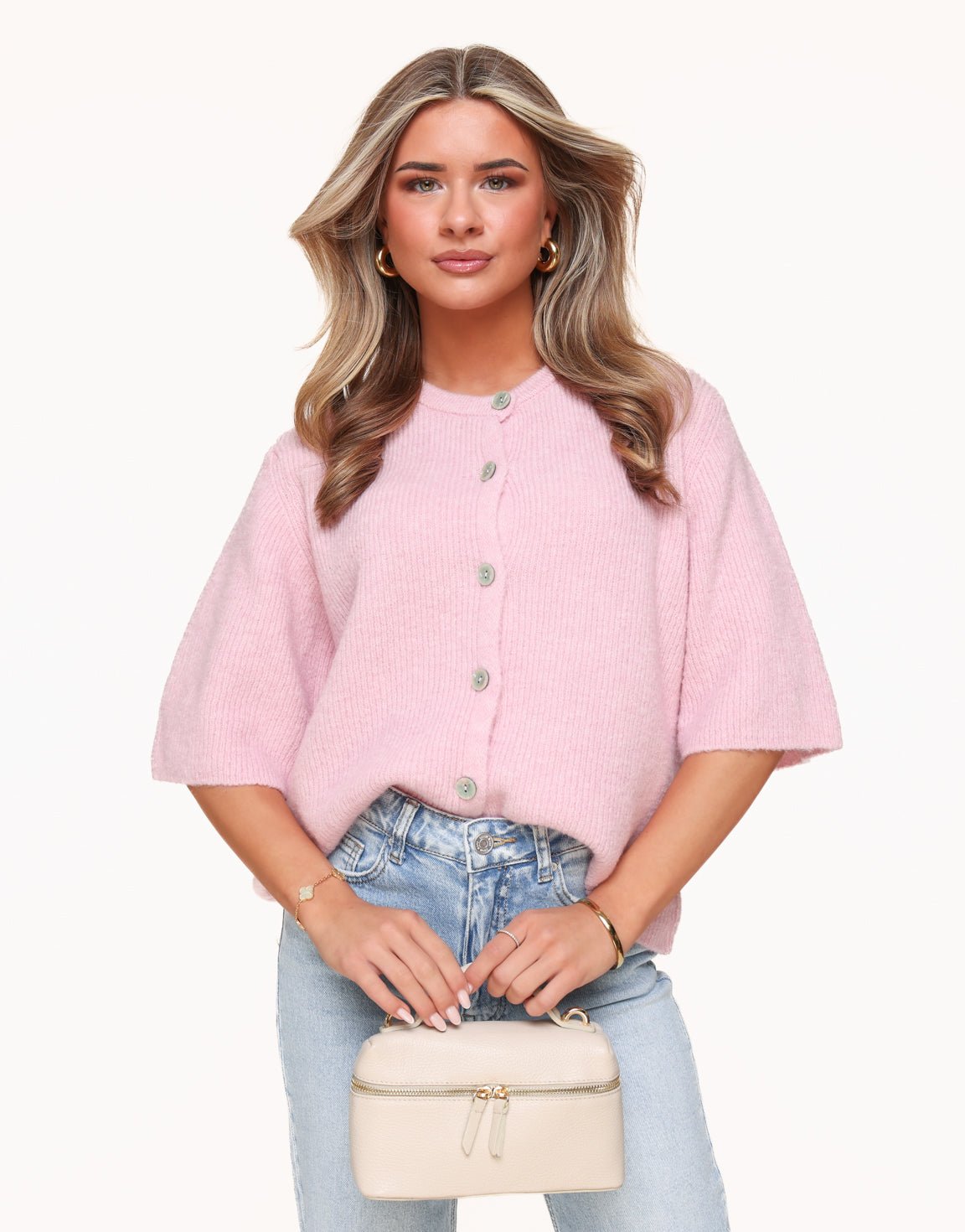 Lichtroze Gebreide 3/4 Mouwen - Vest - Olivia & Kate