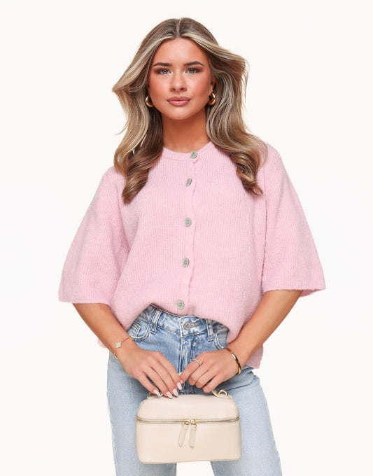 Lichtroze Gebreide 3/4 Mouwen - Vest - Olivia & Kate