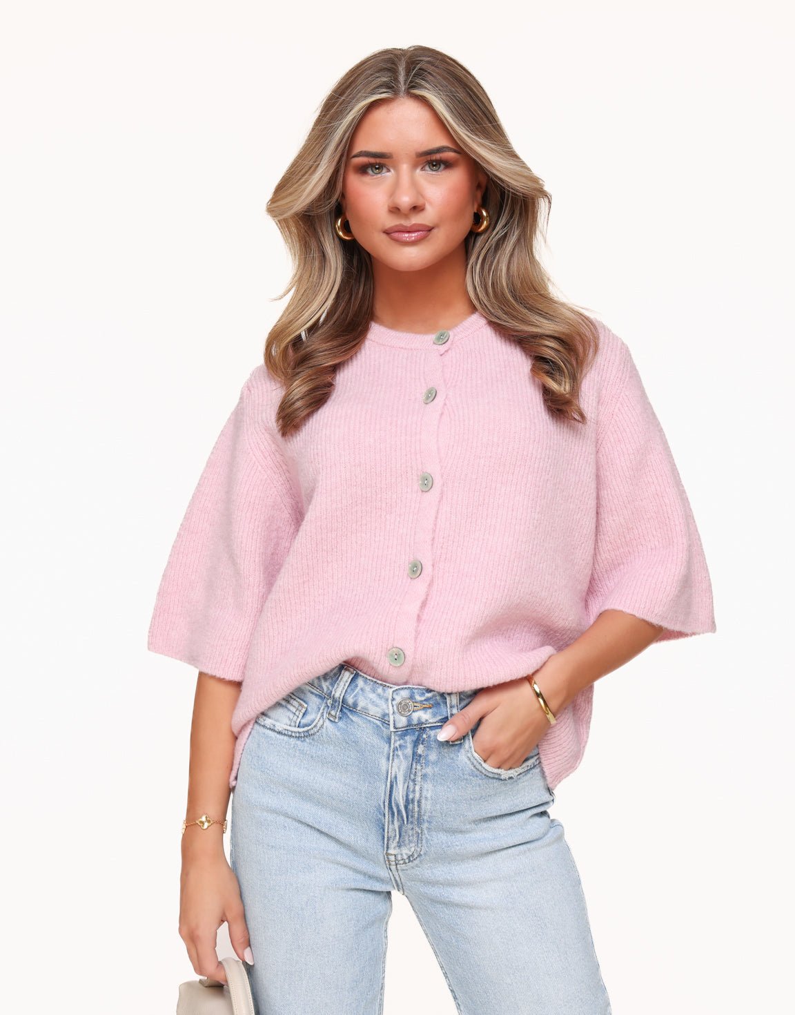 Lichtroze Gebreide 3/4 Mouwen - Vest - Olivia & Kate