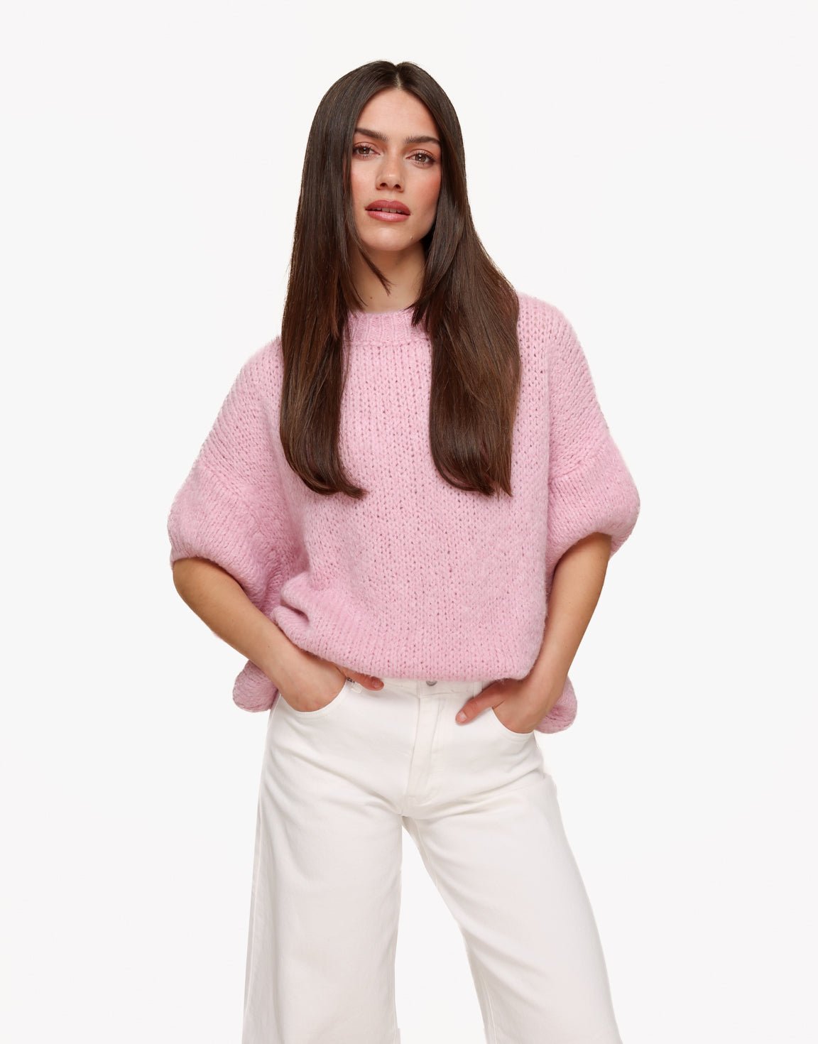 Lichtroze Gebreide Wollen 3/4 Mouwen - Trui - Olivia & Kate