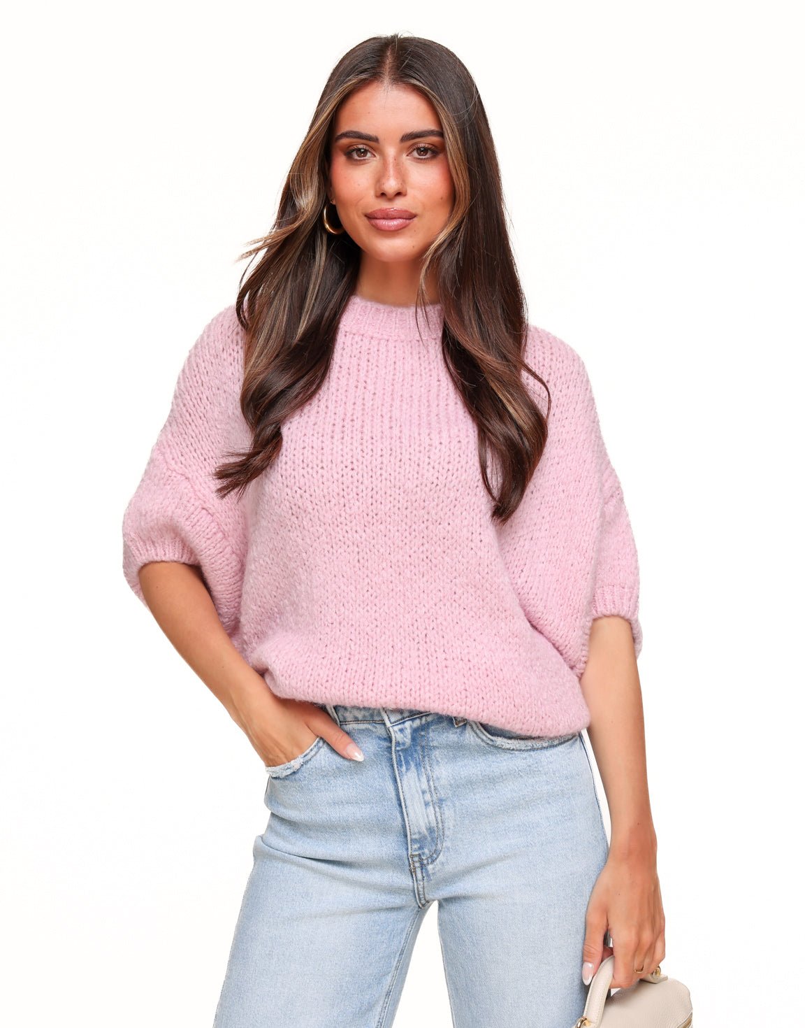 Lichtroze Gebreide Wollen 3/4 Mouwen - Trui - Olivia & Kate