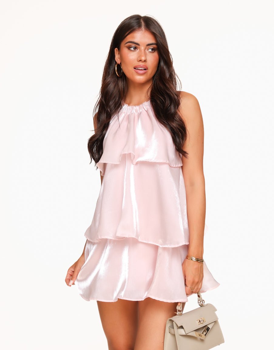 Light Pink Petite Satin Ruffle Halter - Dress - Olivia & Kate