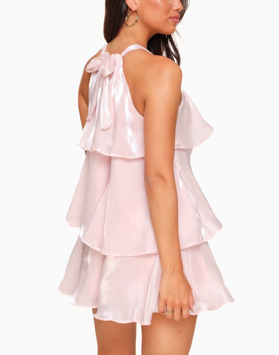 Light Pink Petite Satin Ruffle Halter - Dress - Olivia & Kate