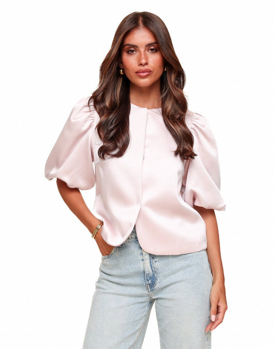 Lichtroze Satijnen Pofmouwen - Top - Olivia & Kate