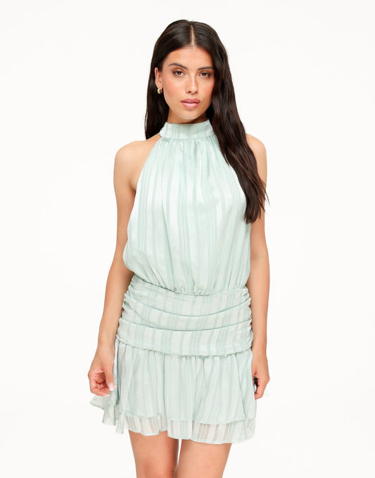 Mintgroene Gestreepte Halter Ruffel - Jurk - Olivia & Kate