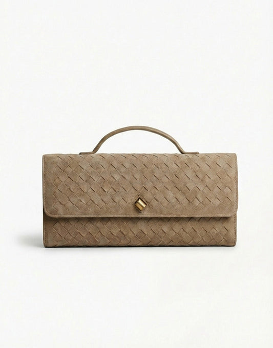 Mocha Suede Gouden Detail Clutch - Tas - Olivia & Kate
