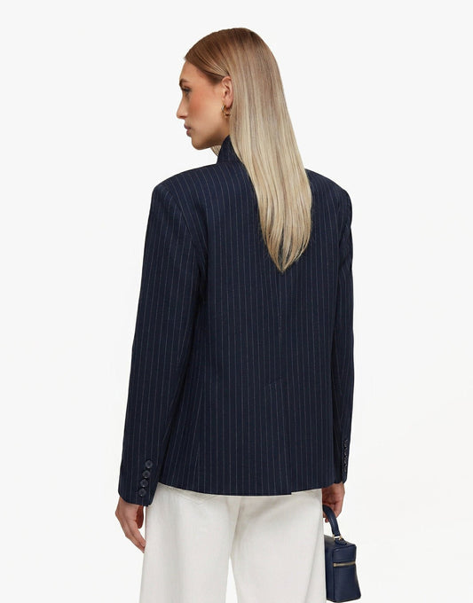 Navy Strepen Hoge Knoop Split - Blazer - Olivia & Kate