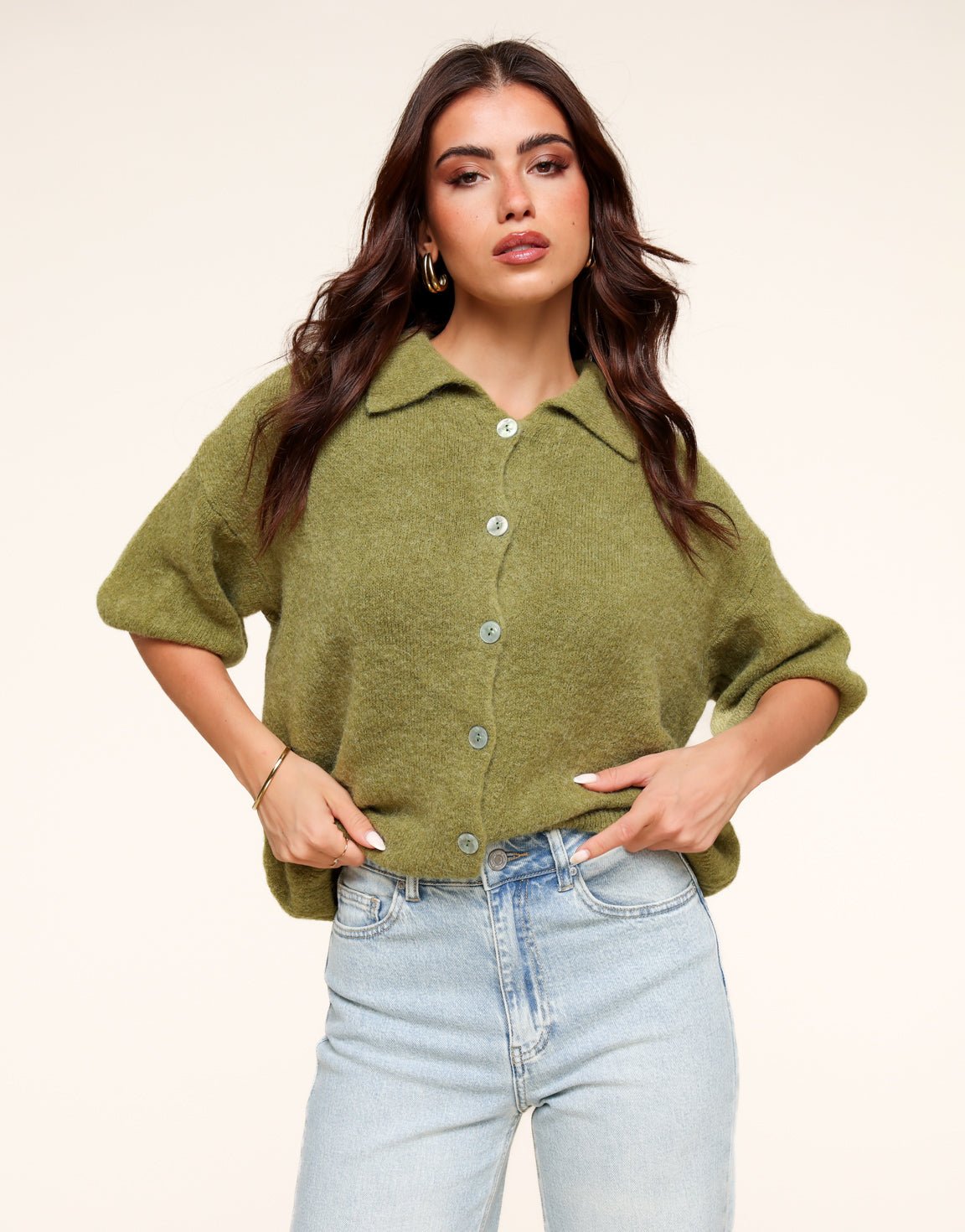 Olijfgroene Gebreide Knopen Kraag - Top - Olivia & Kate