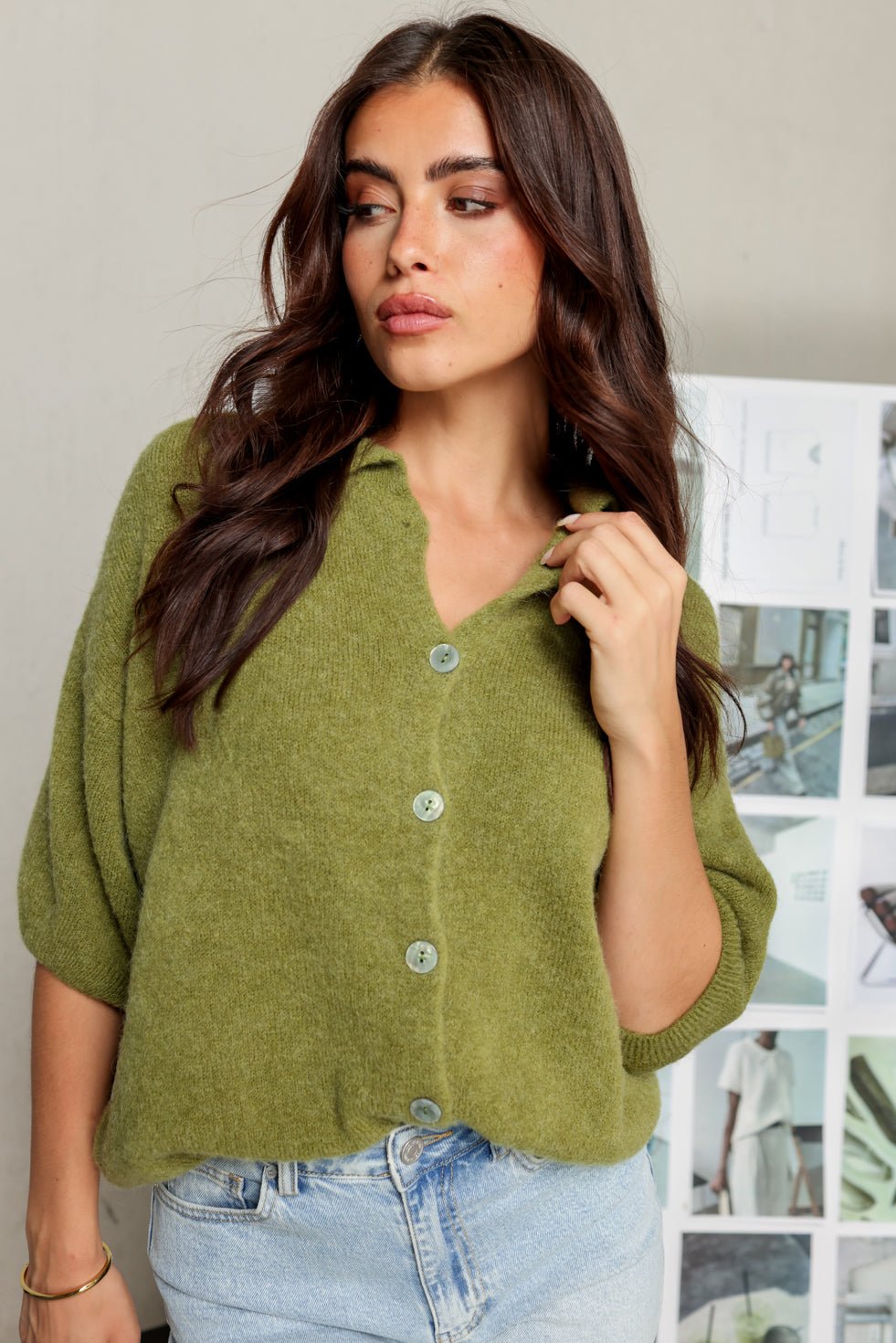 Olijfgroene Gebreide Knopen Kraag - Top - Olivia & Kate