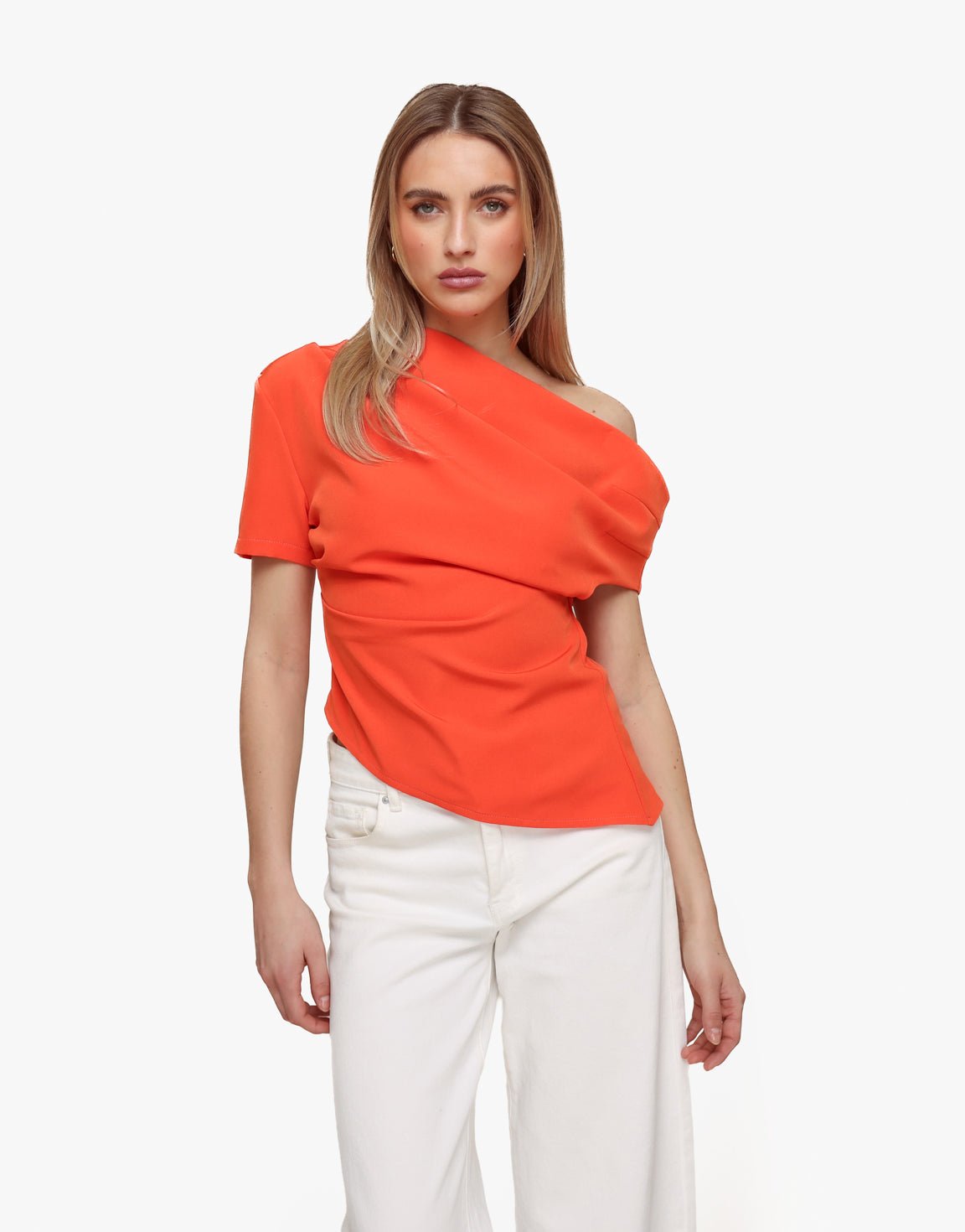 Oranje Gedrapeerde Off Shoulder SS - Top - Olivia & Kate
