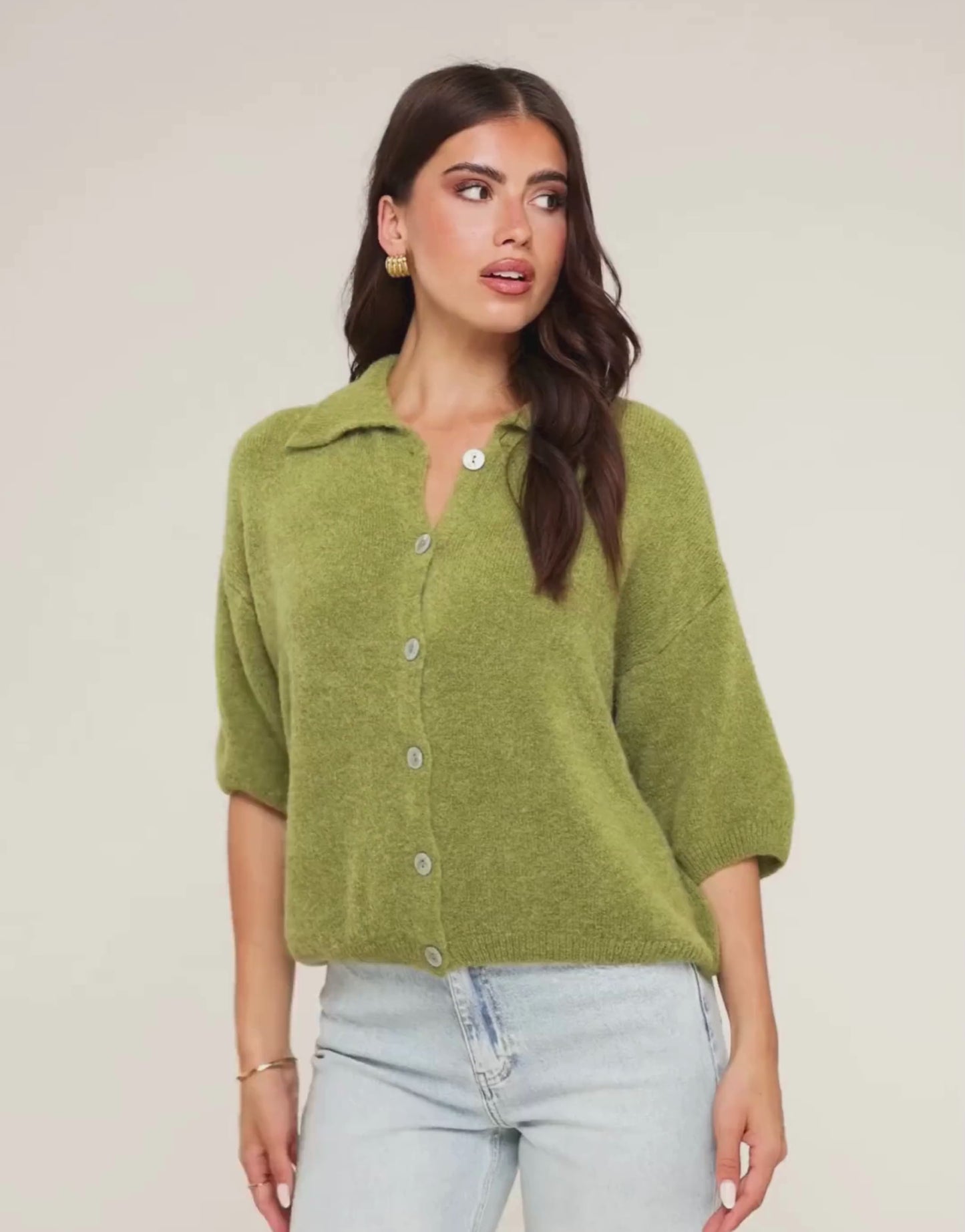 Olijfgroene Gebreide Knopen Kraag - Top