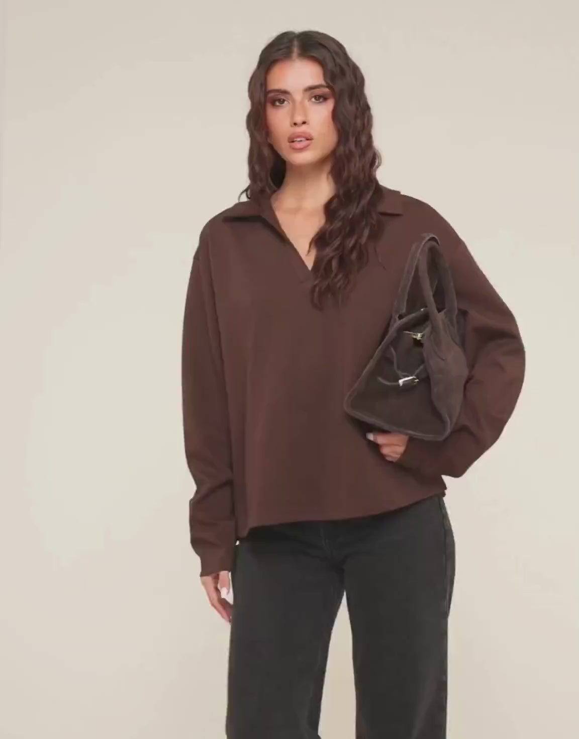 Dark Brown V-Neck Loose LS - T-shirt