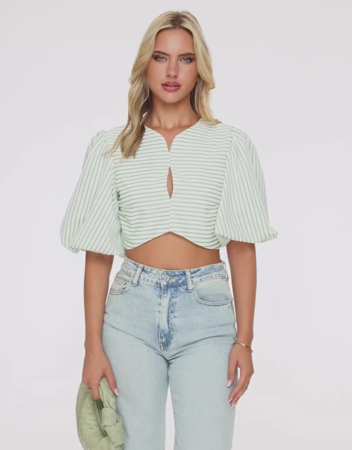 Green Cropped Puff Sleeves - Top