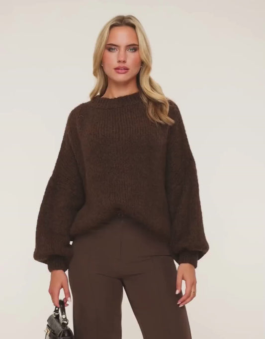 KLEDING-DONKERBRUINE-WOLLEN-GEBREIDE-TRUI

