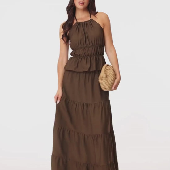 KLEDING-BRUINE-GETAILLEERDE-TOP-BRUINE-LANGE-MAXI-ROK

