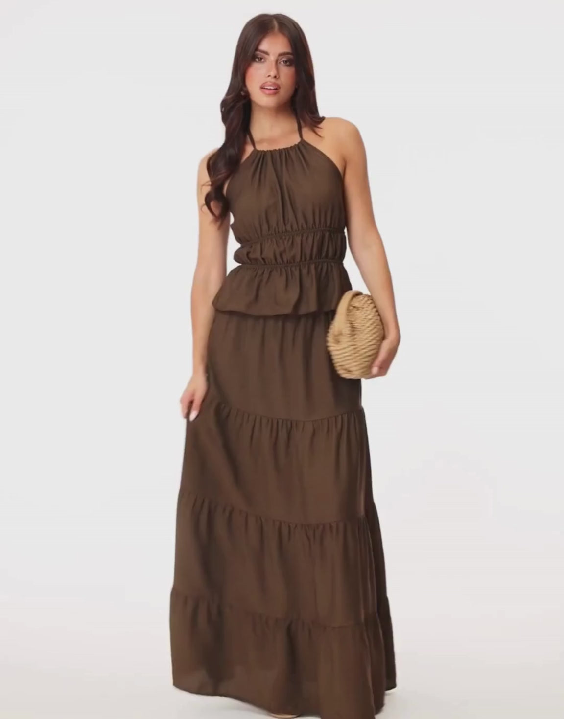 KLEDING-BRUINE-GETAILLEERDE-TOP-BRUINE-LANGE-MAXI-ROK

