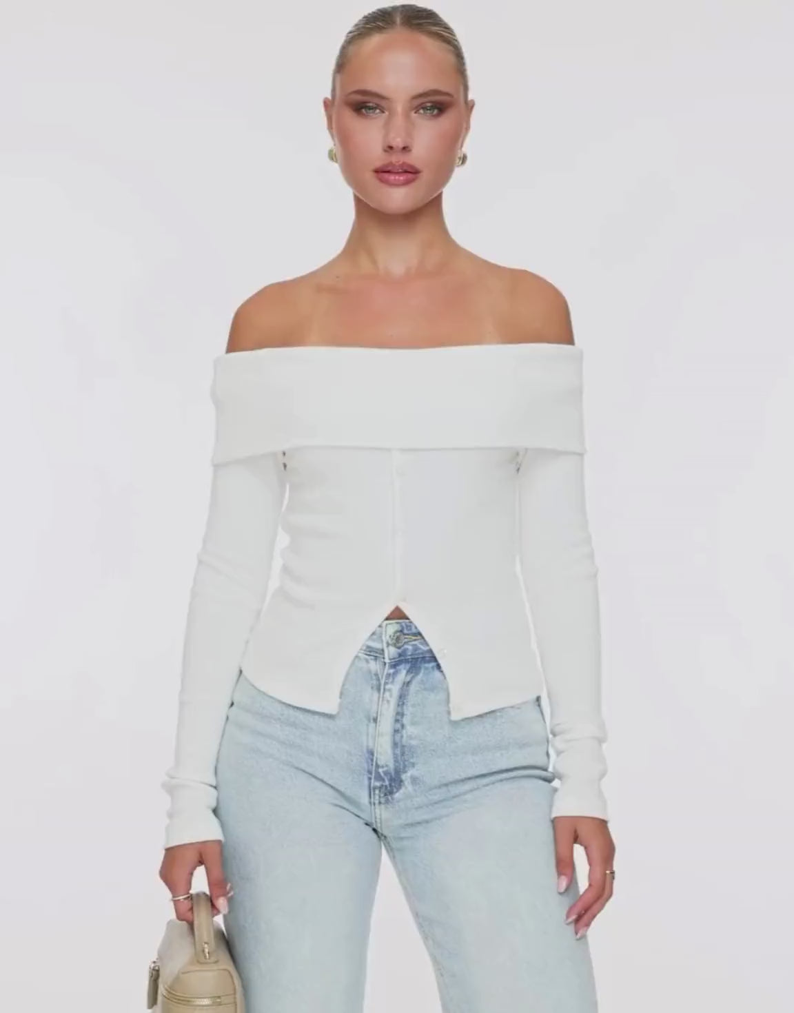 White Off Shoulder Buttons LS - Top