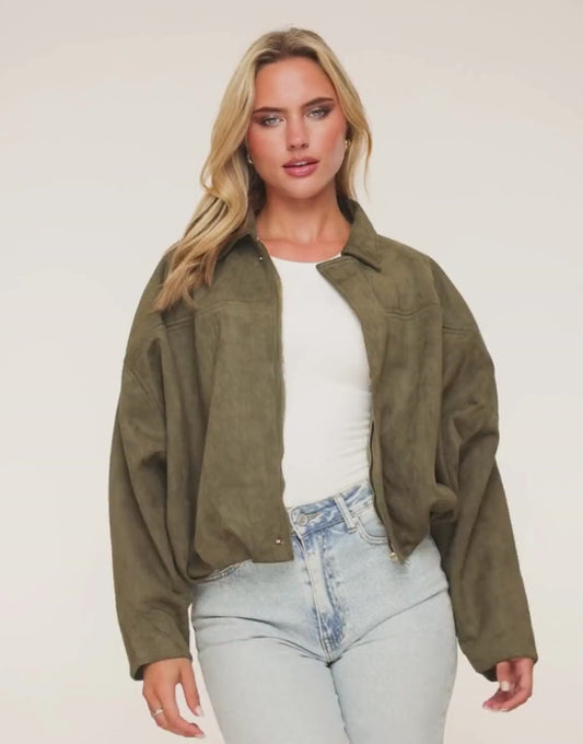 KLEDING-KHAKI-SUEDE-BOMBER-JAS

