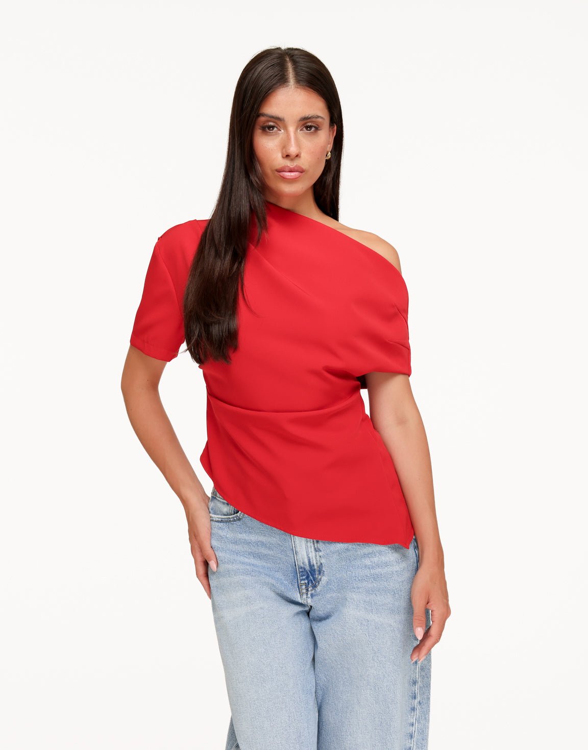 Rode Gedrapeerde Off Shoulder SS - Top - Olivia & Kate